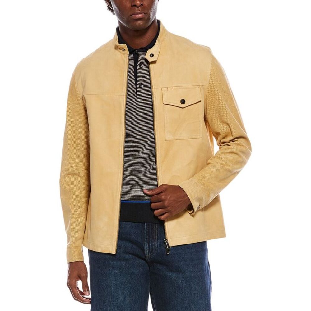 Isaia Mens Suede Leather Jacket, Yellow